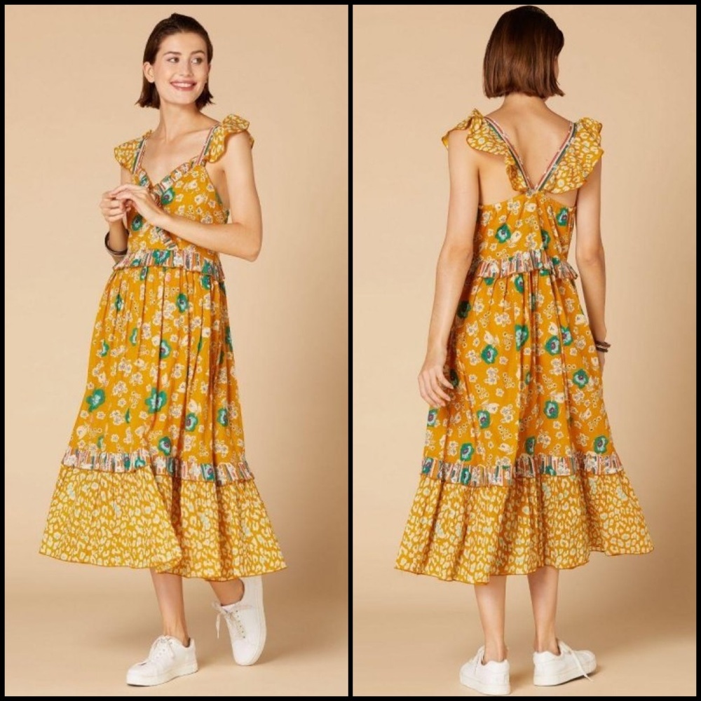 Anthropologie Derhy Mustard Gold Garden Floral Leopard Ruffle Midi Maxi Dress
